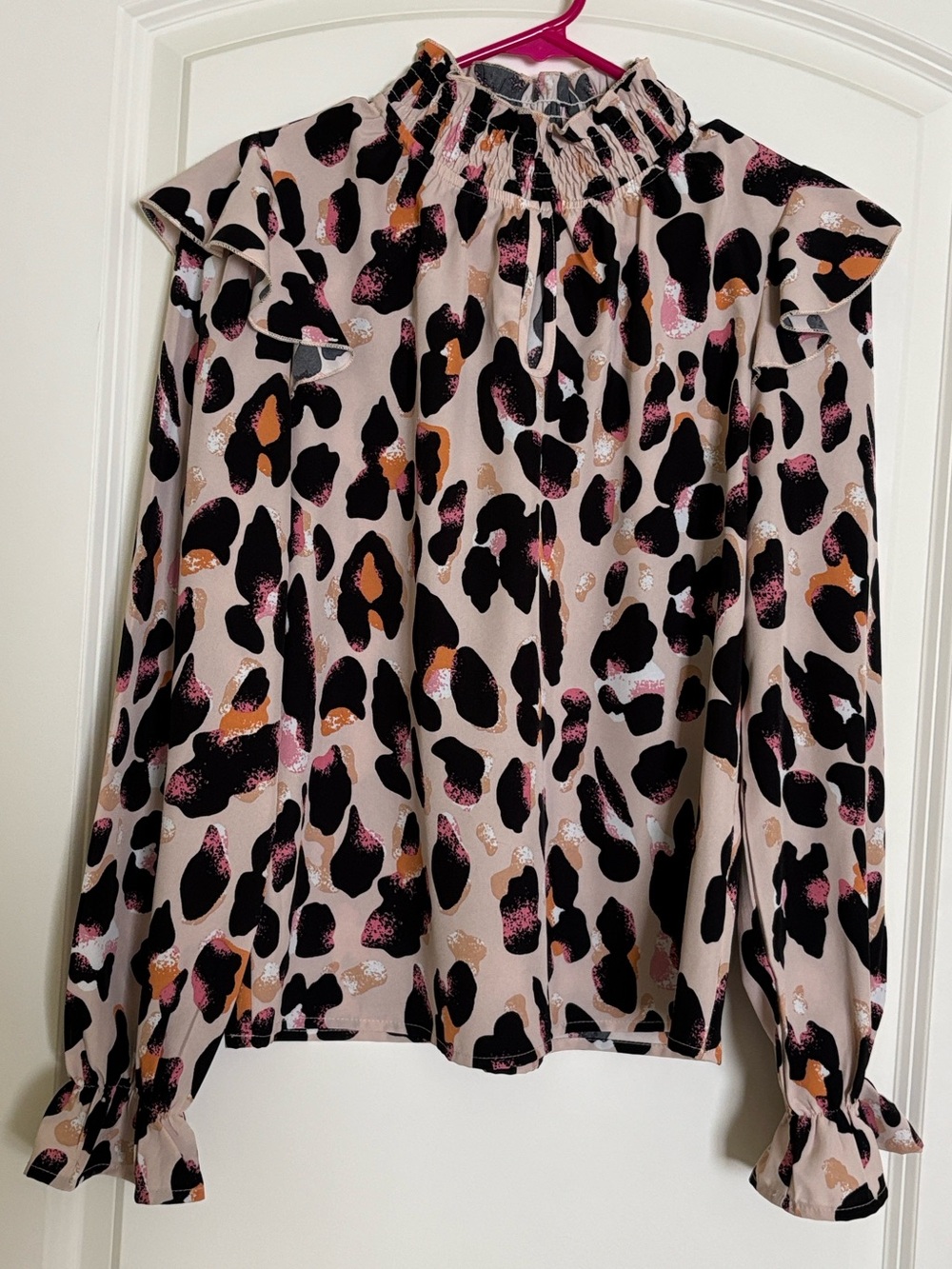 SHEIN Pink Animal-Print Ruffle-Neck Blouse